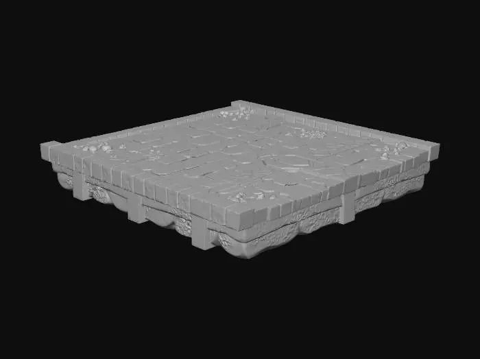 3D model for A stylized, low-poly game asset for a modular ancient underwater temple kit. PBR materials, eroded stone with turquoise tiles and oxidized metal details. Light algae and barnacle growth. This is a SLOPED ROOF PLANE: a long, rectangular slab of stone and tile sloping upward at 45 degrees. Features carved stone shingles. Clean, straight edges on all sides. Floating in empty space, NO environment.