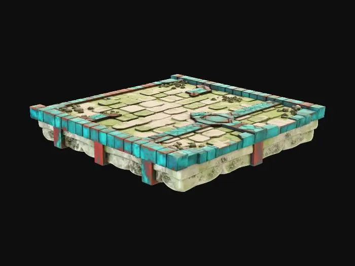 3D model for A stylized, low-poly game asset for a modular ancient underwater temple kit. PBR materials, eroded stone with turquoise tiles and oxidized metal details. Light algae and barnacle growth. This is a SLOPED ROOF PLANE: a long, rectangular slab of stone and tile sloping upward at 45 degrees. Features carved stone shingles. Clean, straight edges on all sides. Floating in empty space, NO environment.