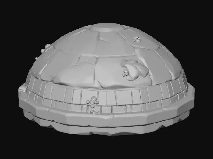3D model for A stylized, low-poly game asset for a modular ancient underwater temple kit. PBR materials, eroded stone with turquoise tiles. This is a CEILING DOME CAP: a small, CURVED HEMISPHERICAL or SAUCER-DOME stone piece. The underside is a smooth, shallow curve with a central circular carving. Light algae growth on top. Isolated modular connector, NO background.