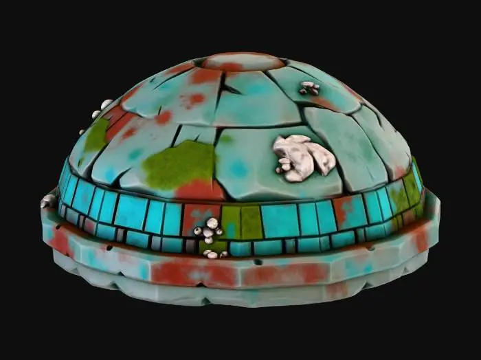 3D model for A stylized, low-poly game asset for a modular ancient underwater temple kit. PBR materials, eroded stone with turquoise tiles. This is a CEILING DOME CAP: a small, CURVED HEMISPHERICAL or SAUCER-DOME stone piece. The underside is a smooth, shallow curve with a central circular carving. Light algae growth on top. Isolated modular connector, NO background.