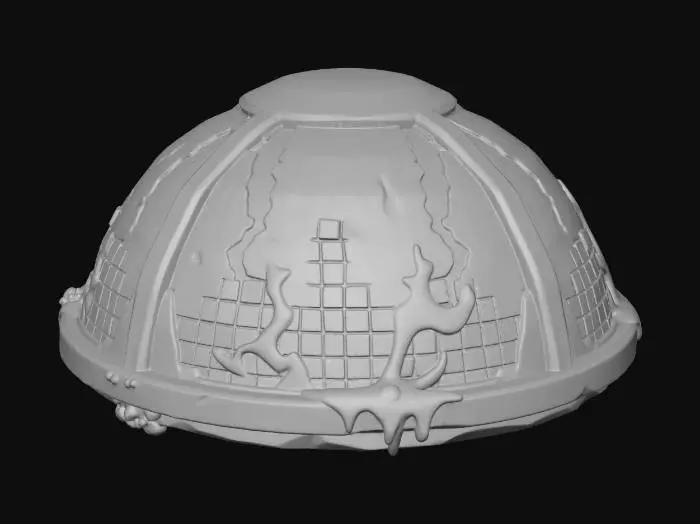 3D model for A stylized, low-poly game asset for a modular ancient underwater temple kit. PBR materials, eroded stone with turquoise tiles. This is a CEILING DOME CAP: a small, CURVED HEMISPHERICAL or SAUCER-DOME stone piece. The underside is a smooth, shallow curve with a central circular carving. Light algae growth on top. Isolated modular connector, NO background.