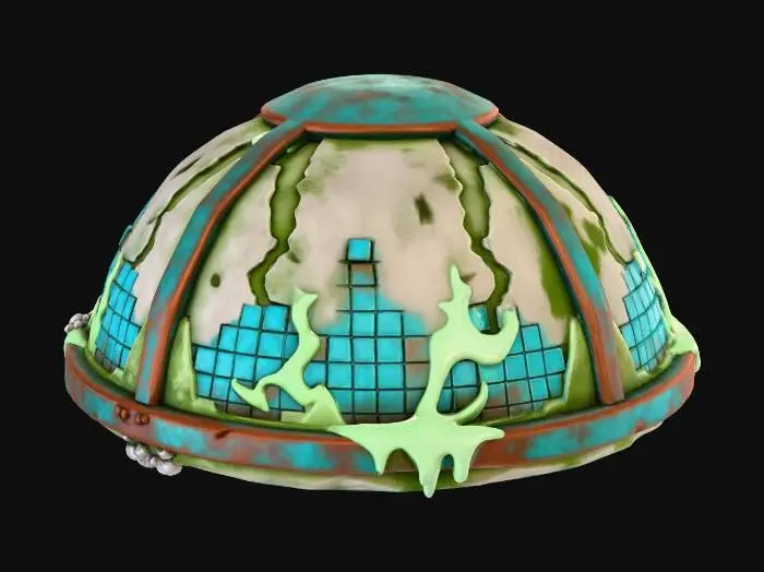 3D model for A stylized, low-poly game asset for a modular ancient underwater temple kit. PBR materials, eroded stone with turquoise tiles. This is a CEILING DOME CAP: a small, CURVED HEMISPHERICAL or SAUCER-DOME stone piece. The underside is a smooth, shallow curve with a central circular carving. Light algae growth on top. Isolated modular connector, NO background.