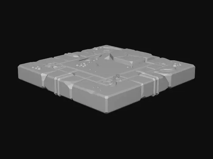3D model for A stylized, low-poly game asset for a modular ancient underwater temple kit. PBR materials, eroded stone with turquoise tiles and oxidized metal details. Light algae and barnacle growth. This is a FLOOR TILE SEGMENT: a large, square slab of stone and turquoise tilework in a geometric pattern. One cracked tile. Flat plane with clean edges for seamless tiling.