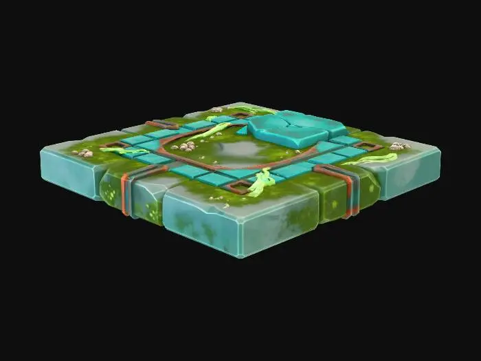 3D model for A stylized, low-poly game asset for a modular ancient underwater temple kit. PBR materials, eroded stone with turquoise tiles and oxidized metal details. Light algae and barnacle growth. This is a FLOOR TILE SEGMENT: a large, square slab of stone and turquoise tilework in a geometric pattern. One cracked tile. Flat plane with clean edges for seamless tiling.