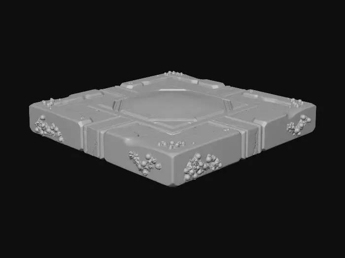 3D model for A stylized, low-poly game asset for a modular ancient underwater temple kit. PBR materials, eroded stone with turquoise tiles and oxidized metal details. Light algae and barnacle growth. This is a FLOOR TILE SEGMENT: a large, square slab of stone and turquoise tilework in a geometric pattern. One cracked tile. Flat plane with clean edges for seamless tiling.