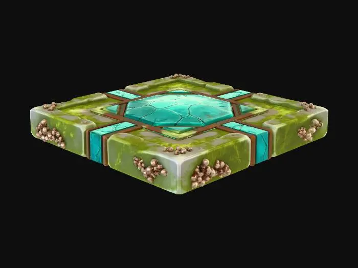 3D model for A stylized, low-poly game asset for a modular ancient underwater temple kit. PBR materials, eroded stone with turquoise tiles and oxidized metal details. Light algae and barnacle growth. This is a FLOOR TILE SEGMENT: a large, square slab of stone and turquoise tilework in a geometric pattern. One cracked tile. Flat plane with clean edges for seamless tiling.