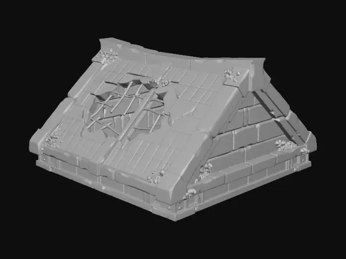 3D model for A stylized, low-poly game asset for a modular ancient underwater temple kit. PBR materials, eroded stone with turquoise tiles and oxidized metal details. Light algae and barnacle growth. This is a DAMAGED ROOF SEGMENT: a corner section of a sloped roof with a jagged collapse hole. Bent metal beams are exposed. NO ground, floating in void, clean modular asset.