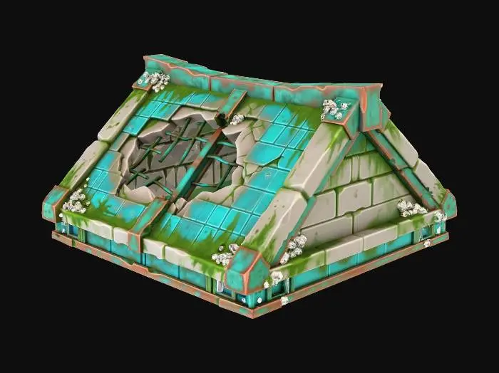 3D model for A stylized, low-poly game asset for a modular ancient underwater temple kit. PBR materials, eroded stone with turquoise tiles and oxidized metal details. Light algae and barnacle growth. This is a DAMAGED ROOF SEGMENT: a corner section of a sloped roof with a jagged collapse hole. Bent metal beams are exposed. NO ground, floating in void, clean modular asset.