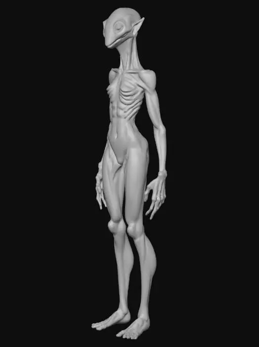 3D model for Playable alien species Khelar Driftborn for a hard-sci-fi survival game. Tall, slender biped evolved for low gravity on a fractured planet of floating landmasses. Extremely long legs and arms, narrow torso, elongated fingers and toes for balance and controlled leaps. Semi-translucent smooth skin with soft internal bioluminescent veins glowing cyan and violet, following anatomical lines (arms, ribs, neck). Glow appears internal, not painted. Subtle membrane folds along forearms and calves for glide stabilization—no wings. Hairless smooth head, long neck, minimal facial features, large reflective eyes adapted to bright skies. Fragile yet athletic silhouette, non-humanoid proportions. Neutral standing pose, unclothed, high-poly but game-ready topology, clean edge flow for animation.