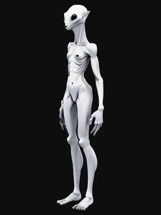 3D model for Playable alien species Khelar Driftborn for a hard-sci-fi survival game. Tall, slender biped evolved for low gravity on a fractured planet of floating landmasses. Extremely long legs and arms, narrow torso, elongated fingers and toes for balance and controlled leaps. Semi-translucent smooth skin with soft internal bioluminescent veins glowing cyan and violet, following anatomical lines (arms, ribs, neck). Glow appears internal, not painted. Subtle membrane folds along forearms and calves for glide stabilization—no wings. Hairless smooth head, long neck, minimal facial features, large reflective eyes adapted to bright skies. Fragile yet athletic silhouette, non-humanoid proportions. Neutral standing pose, unclothed, high-poly but game-ready topology, clean edge flow for animation.