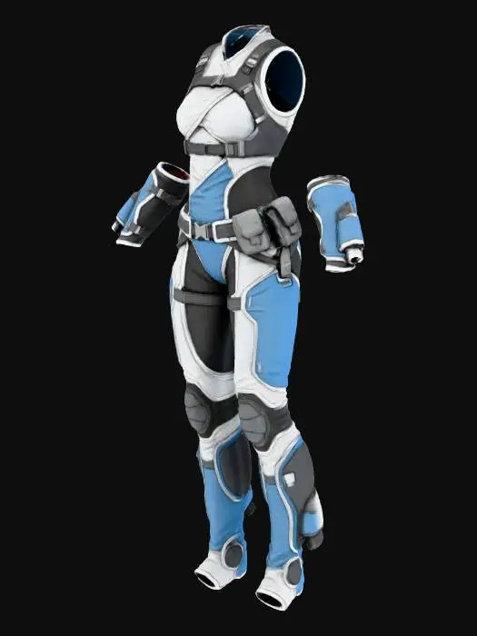 3D model for Sci-fi clothing set designed for Khelar Driftborn body proportions. No body visible. Form-fitting survival garments adapted for low gravity and aerial movement. Lightweight fabric panels, flexible membranes, reinforced seams. Includes torso wrap, leg coverings, and forearm guards. Clean topology, game-ready, neutral pose, floating clothing presentation, no character body