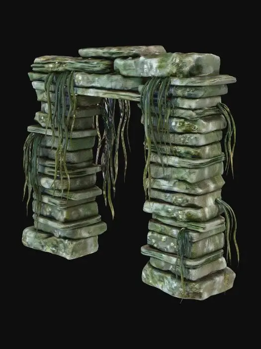 3D model for A LARGE, thin, flat underwater stone ARCH, like a weathered stone doorway. It is NOT a round hole; the structure is made of stacked, horizontal slabs. Seaweed hangs from the top. Silhouette is very clear and two-dimensional. Game asset.