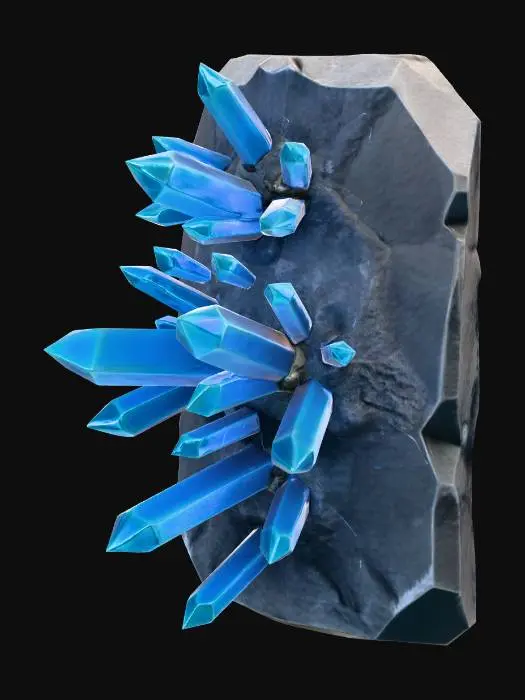 3D model for A medium-sized rock that is a FLAT, vertical SLAB with sharp, protruding QUARTZ CRYSTALS growing horizontally out of its side. The base slab is angular and geometric, not a blob. Crystals are faceted and glow blue.
