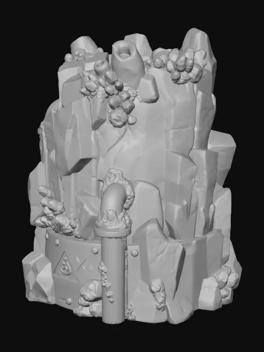 3D model for An active underwater geothermal vent. An angular, mineral-encrusted stone pipe formation with a glowing red fissure at the top. Particles of bubbles and heat distortion implied. Hazardous terrain piece.