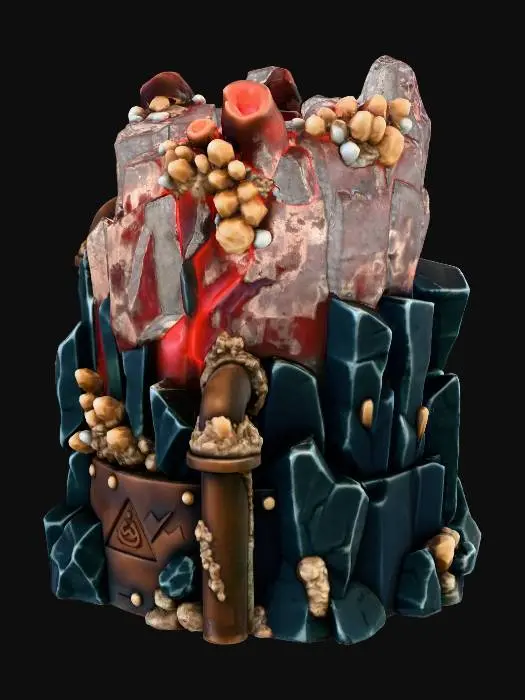3D model for An active underwater geothermal vent. An angular, mineral-encrusted stone pipe formation with a glowing red fissure at the top. Particles of bubbles and heat distortion implied. Hazardous terrain piece.