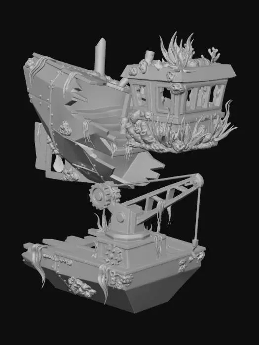 3D model for A modular kit of a sunken tugboat for game environments. Includes the main hull with a broken propeller, a detached wheelhouse covered in coral, and a large, torn piece of deck with a crane. All pieces are angular, corroded, and overgrown. Stylized, ready for asset placement.