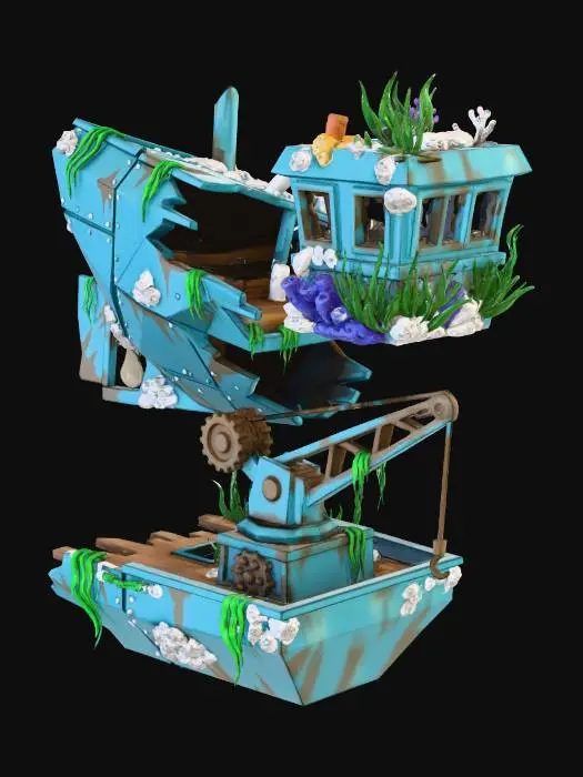 3D model for A modular kit of a sunken tugboat for game environments. Includes the main hull with a broken propeller, a detached wheelhouse covered in coral, and a large, torn piece of deck with a crane. All pieces are angular, corroded, and overgrown. Stylized, ready for asset placement.