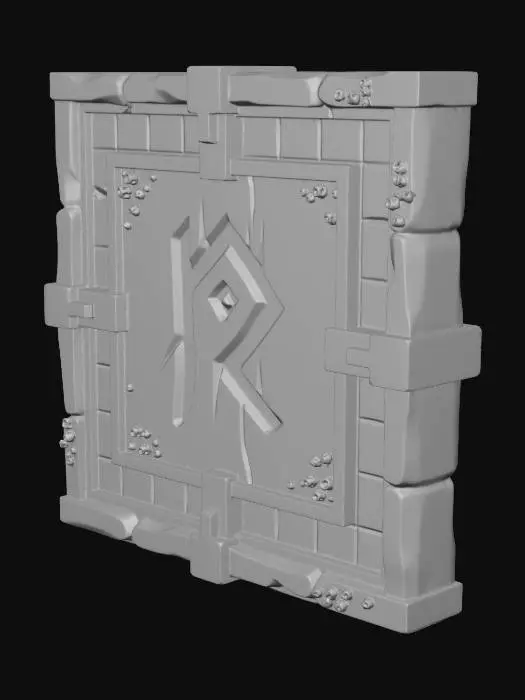 3D model for "A stylized, low-poly game asset for a modular ancient underwater temple kit. PBR materials, eroded stone with turquoise tiles and oxidized metal details. Light algae and barnacle growth. This is a WALL SEGMENT: a rectangular panel of carved stone blocks. Features a faded mystical rune or relief carving in the center. Designed to snap seamlessly left/right. Flat, clean edges.