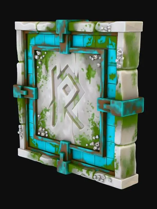 3D model for "A stylized, low-poly game asset for a modular ancient underwater temple kit. PBR materials, eroded stone with turquoise tiles and oxidized metal details. Light algae and barnacle growth. This is a WALL SEGMENT: a rectangular panel of carved stone blocks. Features a faded mystical rune or relief carving in the center. Designed to snap seamlessly left/right. Flat, clean edges.