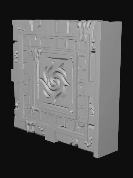 3D model for "A stylized, low-poly game asset for a modular ancient underwater temple kit. PBR materials, eroded stone with turquoise tiles and oxidized metal details. Light algae and barnacle growth. This is a WALL SEGMENT: a rectangular panel of carved stone blocks. Features a faded mystical rune or relief carving in the center. Designed to snap seamlessly left/right. Flat, clean edges.