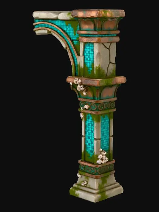 3D model for A stylized, low-poly game asset for a modular ancient underwater temple kit. PBR materials, eroded stone with turquoise tiles and oxidized metal details. Light algae and barnacle growth.