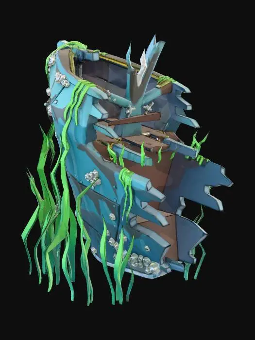 3D model for A single, large, angular piece of corroded steel ship hull. Has sharp, torn edges, rivets, and a porthole. Completely overgrown with barnacles and swaying kelp. Low-poly, stylized underwater debris asset.  Modular connector piece. Isolated asset, NO background or base.