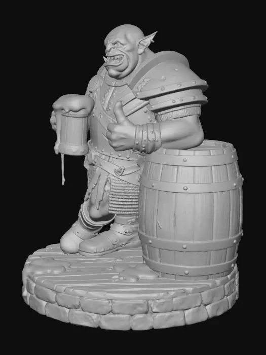 3D model for 3D model sculpt, printable orc reveler. Jolly drunken orc in damaged leather and plate armor, holding foaming oversized mug with grog overflowing, giving enthusiastic thumbs up. Casual swaying stance, one foot slightly raised, leaning against wooden barrel on tavern floor base. Goofy toothy grin, bloodshot eyes, festive atmosphere. Detailed tavern base with wooden planks, spilled drink, stone foundation. Single solid mesh for printing.