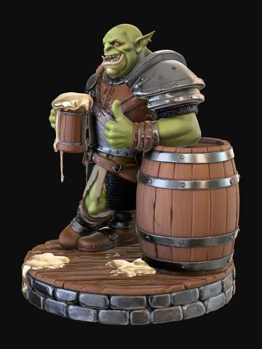 3D model for 3D model sculpt, printable orc reveler. Jolly drunken orc in damaged leather and plate armor, holding foaming oversized mug with grog overflowing, giving enthusiastic thumbs up. Casual swaying stance, one foot slightly raised, leaning against wooden barrel on tavern floor base. Goofy toothy grin, bloodshot eyes, festive atmosphere. Detailed tavern base with wooden planks, spilled drink, stone foundation. Single solid mesh for printing.