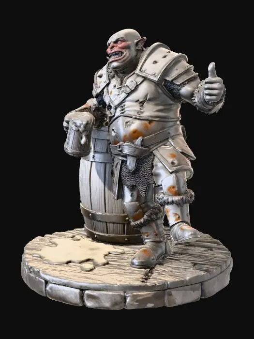 3D model for 3D model sculpt, printable orc reveler. Jolly drunken orc in damaged leather and plate armor, holding foaming oversized mug with grog overflowing, giving enthusiastic thumbs up. Casual swaying stance, one foot slightly raised, leaning against wooden barrel on tavern floor base. Goofy toothy grin, bloodshot eyes, festive atmosphere. Detailed tavern base with wooden planks, spilled drink, stone foundation. Single solid mesh for printing.