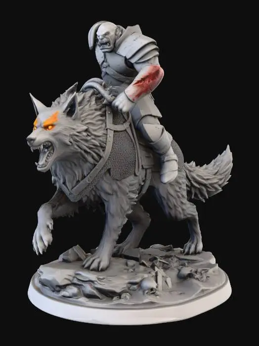 3D model for 3D model sculpt, printable miniature. Orc warrior riding armored direwolf on rocky battlefield base. Orc has battle scars, missing tusk, bleeding wound on arm. Detailed plate armor with damage. Direwolf in chainmail pieces. Dynamic action pose optimized for printing (support-free where possible). Solid connected geometry, no floating parts, 28mm scale miniature style, isolated on plain background.