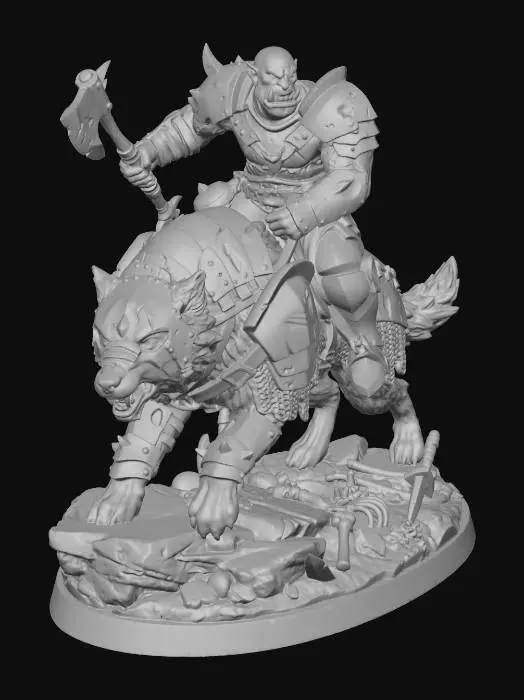 3D model for 3D model sculpt, printable miniature. Orc warrior riding armored direwolf on rocky battlefield base. Orc has battle scars, missing tusk, bleeding wound on arm. Detailed plate armor with damage. Direwolf in chainmail pieces. Dynamic action pose optimized for printing (support-free where possible). Solid connected geometry, no floating parts, 28mm scale miniature style, isolated on plain background.