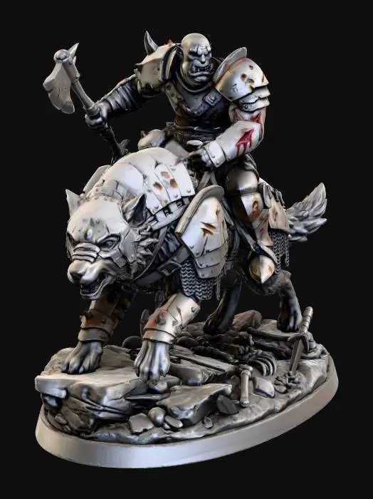 3D model for 3D model sculpt, printable miniature. Orc warrior riding armored direwolf on rocky battlefield base. Orc has battle scars, missing tusk, bleeding wound on arm. Detailed plate armor with damage. Direwolf in chainmail pieces. Dynamic action pose optimized for printing (support-free where possible). Solid connected geometry, no floating parts, 28mm scale miniature style, isolated on plain background.