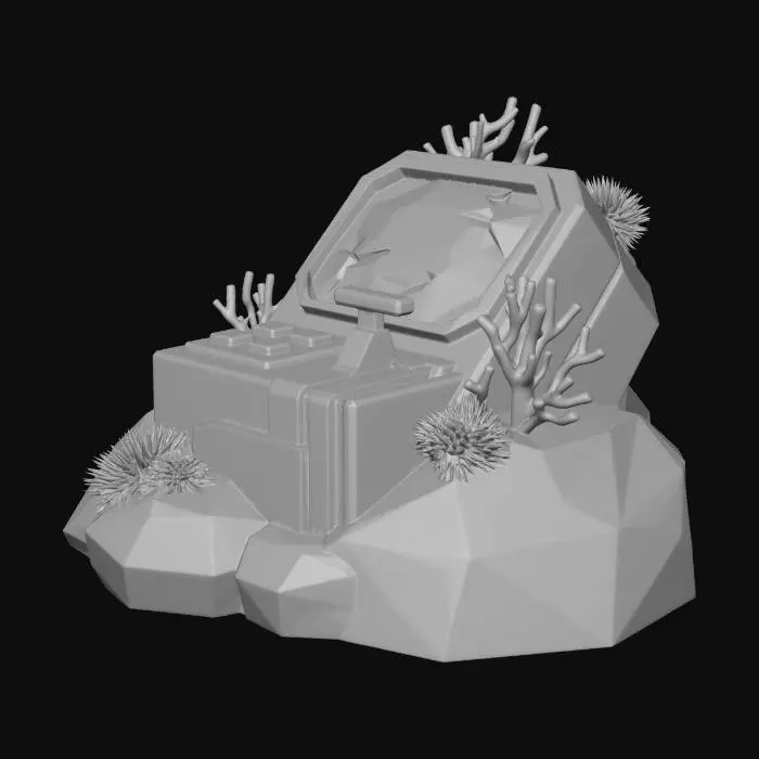 3D model for A low-poly, corroded metal control console half-embedded in an angular seabed rock. Has a few intact buttons and a cracked screen emitting a faint blue holographic glyph. Overgrown with rust-colored coral and anemones. Sci-fi underwater asset.