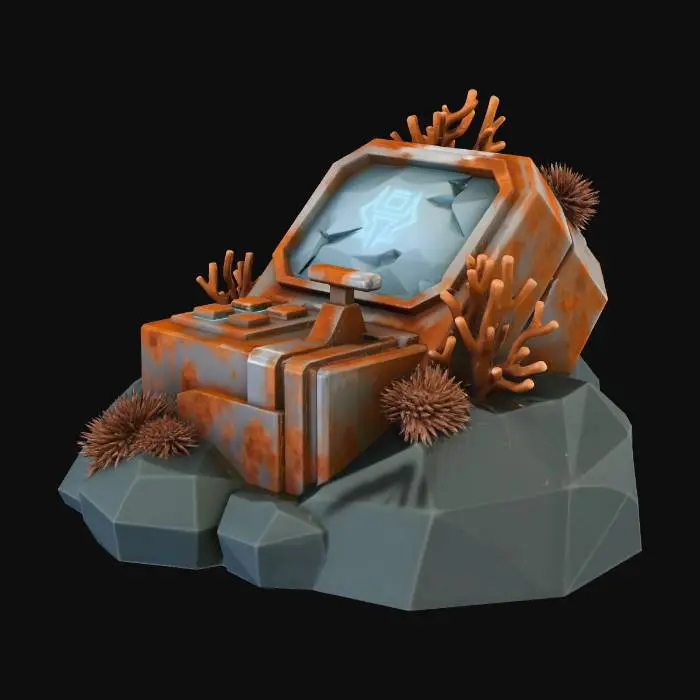 3D model for A low-poly, corroded metal control console half-embedded in an angular seabed rock. Has a few intact buttons and a cracked screen emitting a faint blue holographic glyph. Overgrown with rust-colored coral and anemones. Sci-fi underwater asset.
