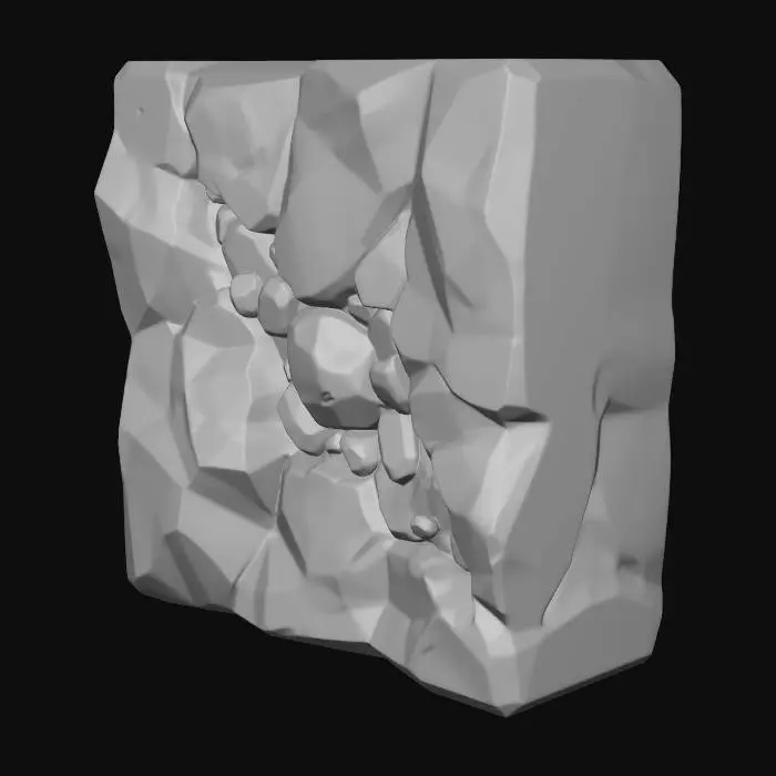 3D model for A game asset of a metallic ore vein on an angular rock wall. A sharp, jagged crack in the dark stone reveals a glowing, pulsating orange and copper-colored metallic deposit. The ore looks chunky and mineable. PBR materials, stylized.