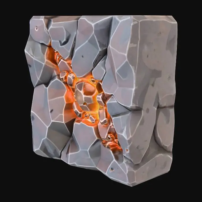 3D model for A game asset of a metallic ore vein on an angular rock wall. A sharp, jagged crack in the dark stone reveals a glowing, pulsating orange and copper-colored metallic deposit. The ore looks chunky and mineable. PBR materials, stylized.