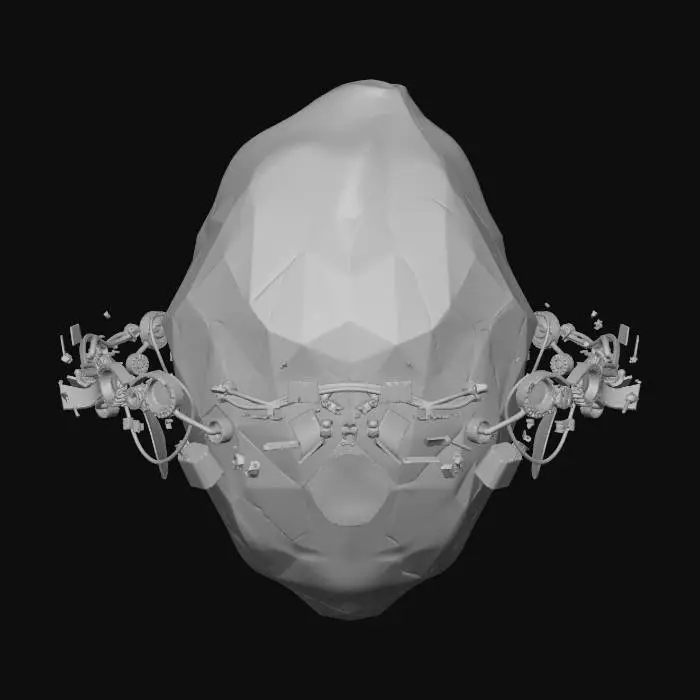 3D model for A large, floating, geometric black crystal shard. It is surrounded by a visible distortion field and smaller, orbiting metal debris. The crystal core glows with a deep red light. Sci-fi underwater obstacle.