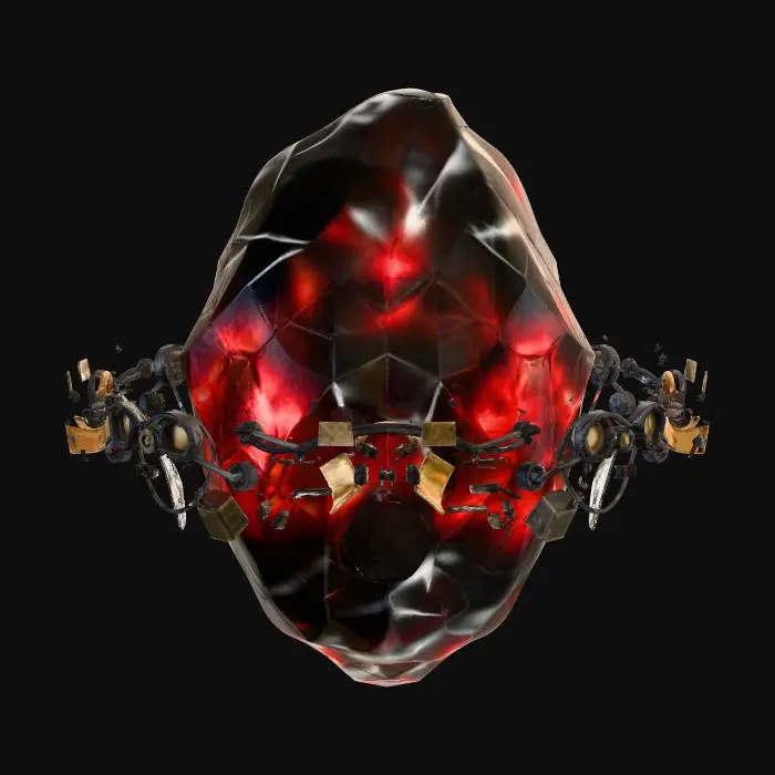 3D model for A large, floating, geometric black crystal shard. It is surrounded by a visible distortion field and smaller, orbiting metal debris. The crystal core glows with a deep red light. Sci-fi underwater obstacle.