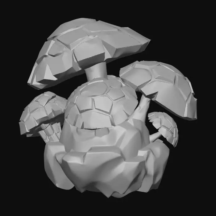 3D model for A cluster of large, angular, mushroom-like fungi growing on a rock. Caps are geometric plates that emit a soft, pulsating violet bioluminescence. Stylized, alien, modular game asset for a survival game.