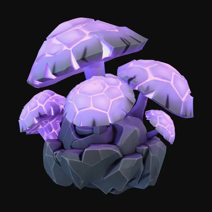 3D model for A cluster of large, angular, mushroom-like fungi growing on a rock. Caps are geometric plates that emit a soft, pulsating violet bioluminescence. Stylized, alien, modular game asset for a survival game.