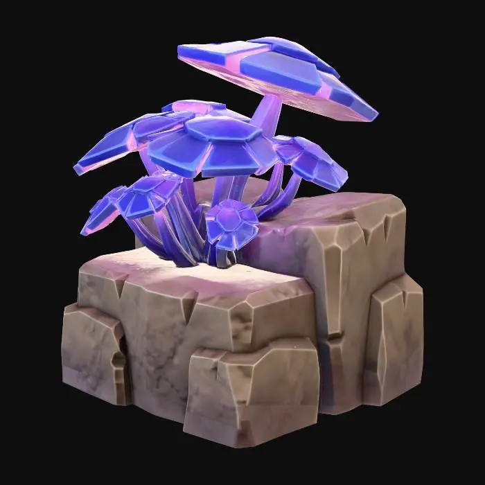 3D model for A cluster of large, angular, mushroom-like fungi growing on a rock. Caps are geometric plates that emit a soft, pulsating violet bioluminescence. Stylized, alien, modular game asset for a survival game.