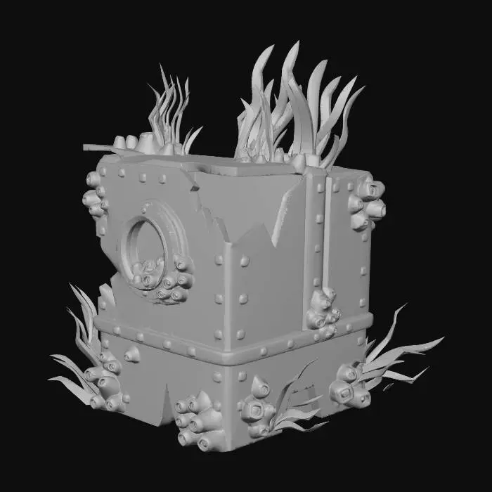3D model for A single, large, angular piece of corroded steel ship hull. Has sharp, torn edges, rivets, and a porthole. Completely overgrown with barnacles and swaying kelp. Low-poly, stylized underwater debris asset.