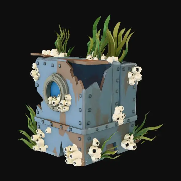 3D model for A single, large, angular piece of corroded steel ship hull. Has sharp, torn edges, rivets, and a porthole. Completely overgrown with barnacles and swaying kelp. Low-poly, stylized underwater debris asset.
