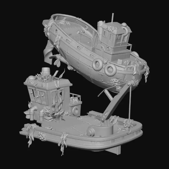 3D model for A modular kit of a sunken tugboat for game environments. Includes the main hull with a broken propeller, a detached wheelhouse covered in coral, and a large, torn piece of deck with a crane. All pieces are angular, corroded, and overgrown. Stylized, ready for asset placement.
