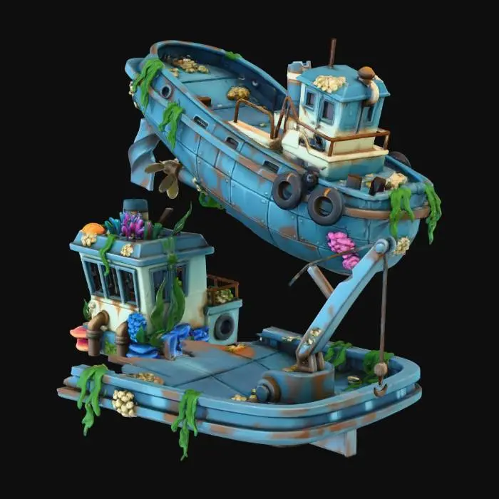 3D model for A modular kit of a sunken tugboat for game environments. Includes the main hull with a broken propeller, a detached wheelhouse covered in coral, and a large, torn piece of deck with a crane. All pieces are angular, corroded, and overgrown. Stylized, ready for asset placement.