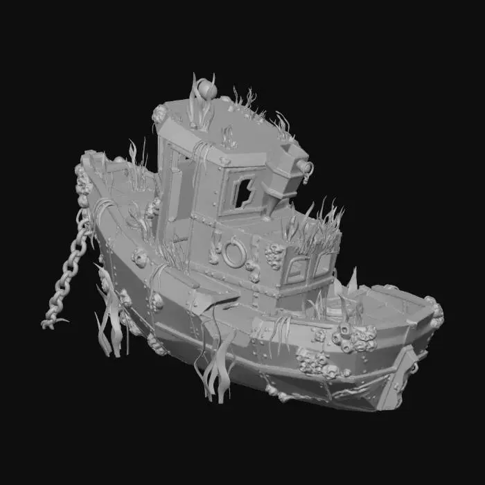 3D model for A stylized, sunken tugboat resting upright on the ocean floor. The silhouette is intact but heavily corroded; the wheelhouse is broken, and the stern is crushed. Every surface is covered in dense barnacles, anemones, and rust. A large anchor chain hangs off the bow. Low-poly game asset, atmospheric and eerie.  Free floating without a base.  NO seabed, NO background, isolated asset on transparent background