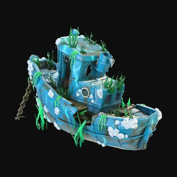 3D model for A stylized, sunken tugboat resting upright on the ocean floor. The silhouette is intact but heavily corroded; the wheelhouse is broken, and the stern is crushed. Every surface is covered in dense barnacles, anemones, and rust. A large anchor chain hangs off the bow. Low-poly game asset, atmospheric and eerie.  Free floating without a base.  NO seabed, NO background, isolated asset on transparent background