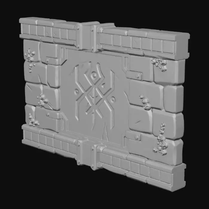 3D model for "A stylized, low-poly game asset for a modular ancient underwater temple kit. PBR materials, eroded stone with turquoise tiles and oxidized metal details. Light algae and barnacle growth. This is a WALL SEGMENT: a rectangular panel of carved stone blocks. Features a faded mystical rune or relief carving in the center. Designed to snap seamlessly left/right. Flat, clean edges.