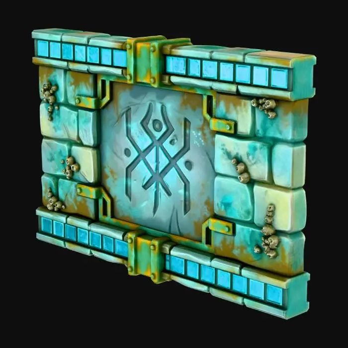 3D model for "A stylized, low-poly game asset for a modular ancient underwater temple kit. PBR materials, eroded stone with turquoise tiles and oxidized metal details. Light algae and barnacle growth. This is a WALL SEGMENT: a rectangular panel of carved stone blocks. Features a faded mystical rune or relief carving in the center. Designed to snap seamlessly left/right. Flat, clean edges.