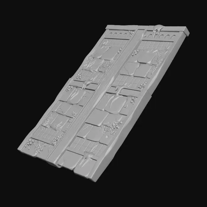 3D model for A stylized, low-poly game asset for a modular ancient underwater temple kit. PBR materials, eroded stone with turquoise tiles and oxidized metal details. Light algae and barnacle growth. This is a SLOPED ROOF PLANE: a long, rectangular slab of stone and tile sloping upward at 45 degrees. Features carved stone shingles. Clean, straight edges on all sides. Floating in empty space, NO environment.